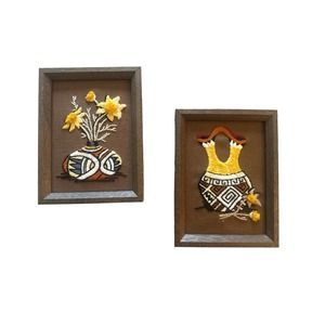 Set x2 Vintage 1970s Sunset Designs Southwest Crewel Embroidered Pottery Framed